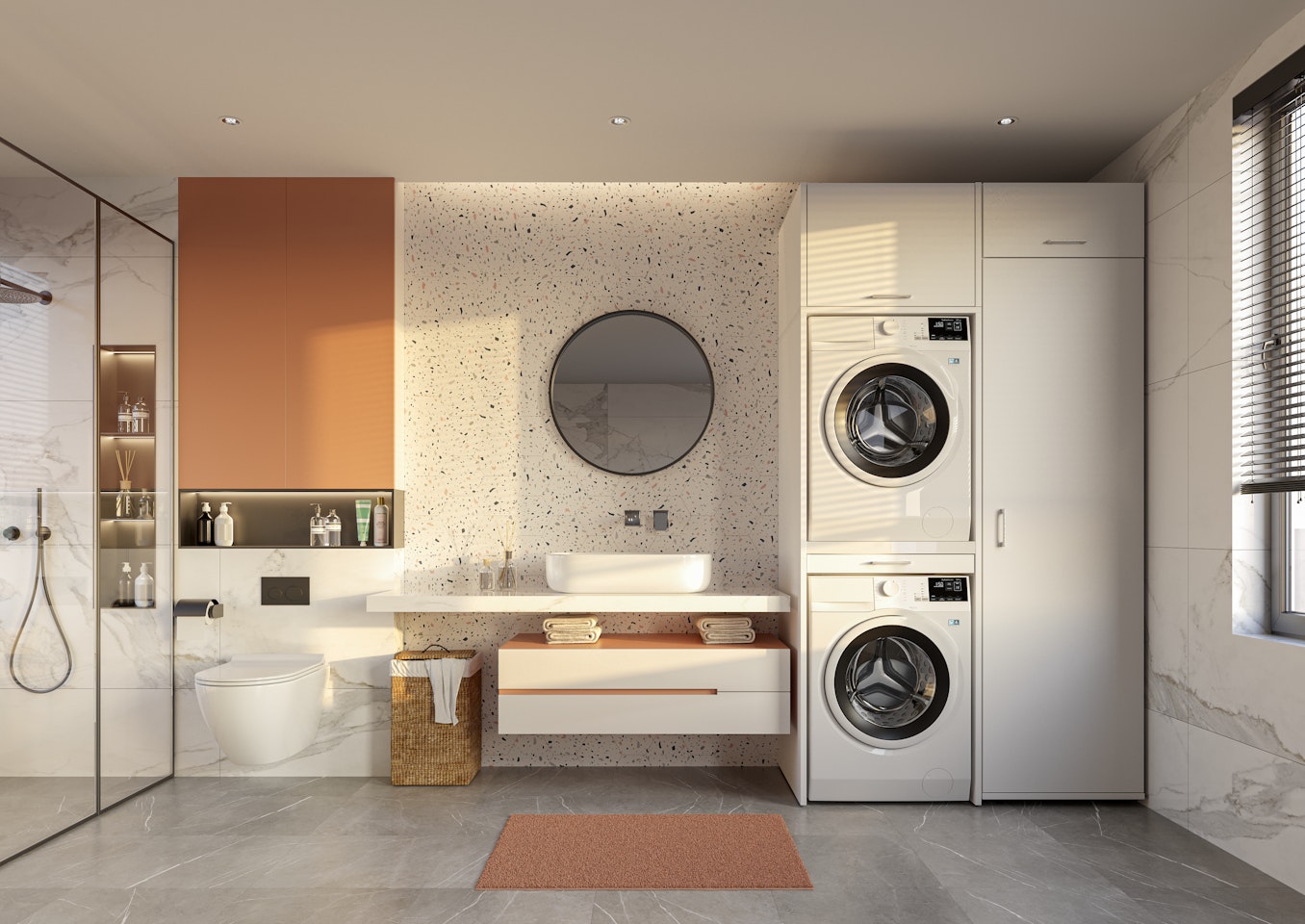 Waschmaschinen Überbauschrank mit Trockner auf Waschmaschine im Bad, erweitert für mehr Stauraum.